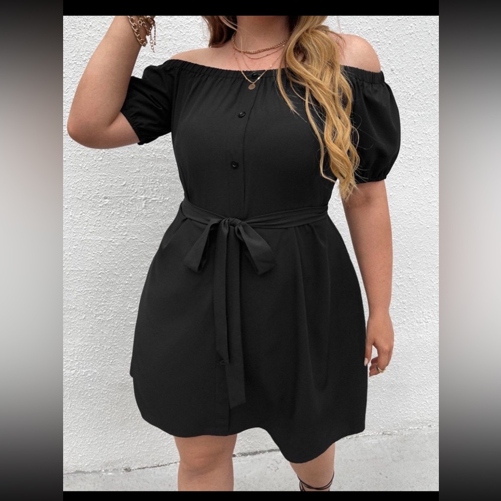 Plus Solid Belted Bardot Dress
